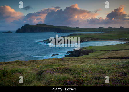 Dawn Blick über Ballyferriter Bay, Sybil Point und den Gipfeln der drei Schwestern, Halbinsel Dingle, County Kerry, Irland. Stockfoto