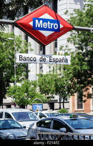 Madrid Spanien, Hispanic Centro, Calle de Alcala, Metro, Banco de Espana Station, U-Bahn, Zug, Schild, Spanien150701036 Stockfoto