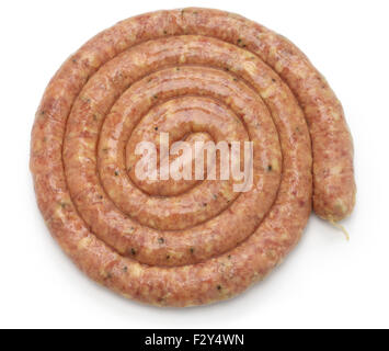 Cumberland Rohwurst, Spirale Fleischwurst isoliert auf weißem Hintergrund Stockfoto
