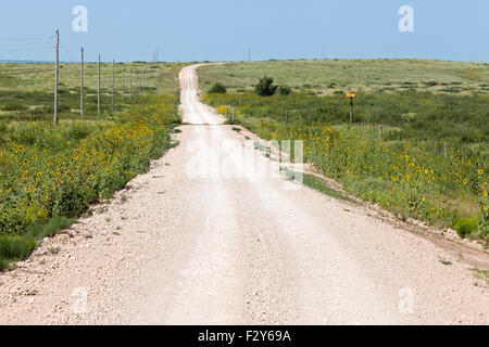 Schlängelt sich die Route 66 durch den tief liegenden Hügeln des östlichen New Mexico in der Nähe von Endee in Richtung Glenrio Stockfoto