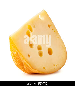 Stück Käse mit großen Löchern, die isoliert auf weißem Hintergrund Stockfoto