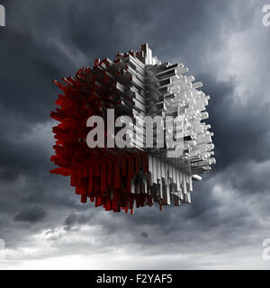 Abstrakte Cube Flugobjekt mit chaotischen extrudierte Fläche über dunkel bewölkter Himmel, 3d illustration Stockfoto