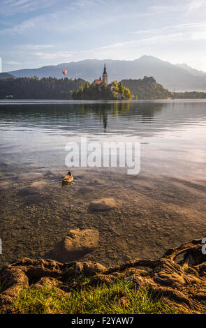 Kleine Insel mit ihn in Bled See, Slowenien bei Sonnenaufgang mit Schloss Heißluftballon und Berge im Hintergrund Stockfoto