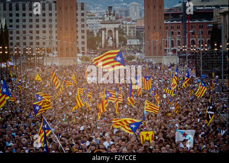 Barcelona, Katalonien, Spanien. 25. Sep 2015. Estelades (katalanische trachtenden Fahnen) gelten während der abschließenden Kampagne-Rallye "Junts PEL Si" (gemeinsam für Ja) in Barcelona am 25. September 2015. Am kommenden Sonntag findet Regionalwahlen in Katalonien statt. Umfragen zeigen, dass Unabhängigkeit Parteien die absolute Mehrheit erhalten könnte. Bildnachweis: Jordi Boixareu/ZUMA Draht/Alamy Live-Nachrichten Stockfoto