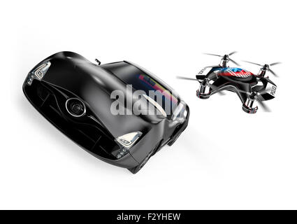 Polizei drone jagen schwarzen Sportwagen für Geschwindigkeit. Stockfoto
