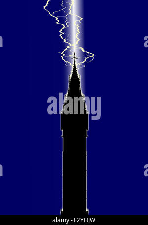 Das Londoner Wahrzeichen Big Ben Clocktower in der Silhouette mit einem Blitzeinschlag Stockfoto