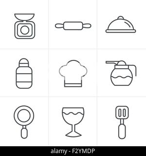 Zeile Symbole Stil kochen Lebensmittel und Küche Umriss Icons set Stock Vektor