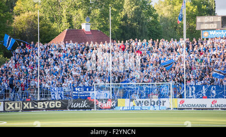 IFK Norrköping Fans Peking Fanz bei Lokalderby Spiel auswärts gegen Åtvidabergs FF Stockfoto