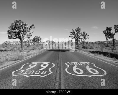Mojave-Wüste Route 66 Pflaster Schild mit Joshua Bäume in schwarz und weiß. Stockfoto