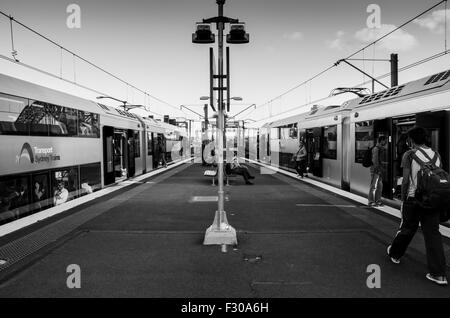 Milsons Point Railway Station, Sydney, November 2014: Menschen, die zwei Züge in Sydney auf beiden Seiten des Bahnsteigs in Australien verlassen und anschließen Stockfoto