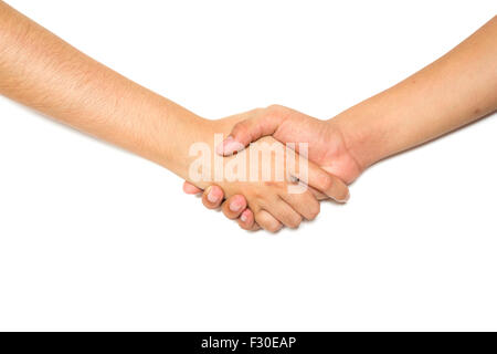 Handschlag zwischen Mann und Frau Hand auf weißem Hintergrund Stockfoto