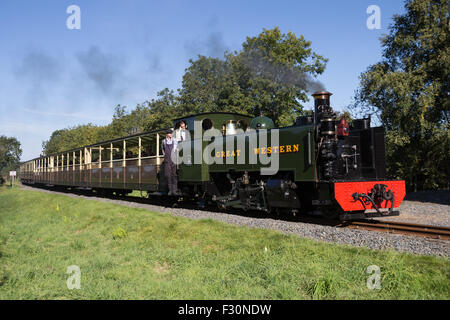 Aberystwyth, Wales, UK. 27. September 2015. Strahlender Sonnenschein begrüßt die Teilnehmer in den "Vale of Rheidol Dampf Festival: der vergessenen Motoren zum Capel Bangor Halt. Das Festival hat am Vale des Rheidol Schmalspurbahn zwischen Aberystwyth und Teufels Brücke große Massen von Passagieren und Dampf-Bahn-Enthusiasten aus Partikelemissionen Großbritannien gezogen. Das Festival endet um 17:30 am Sonntag. Das Bild zeigt den Motor "Llywelyn" (1923) Zeichnung Kutschen zur Teufelsbrücke. Stockfoto