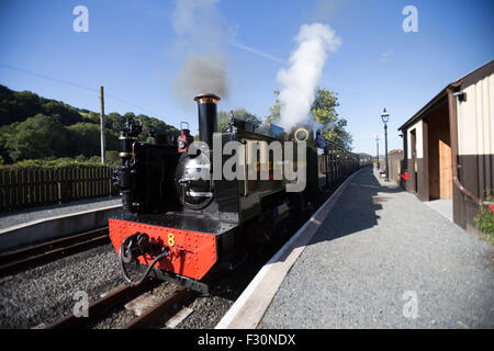 Aberystwyth, Wales, UK. 27. September 2015. Strahlender Sonnenschein begrüßt die Teilnehmer in den "Vale of Rheidol Dampf Festival: der vergessenen Motoren zum Capel Bangor Halt. Das Festival hat am Vale des Rheidol Schmalspurbahn zwischen Aberystwyth und Teufels Brücke große Massen von Passagieren und Dampf-Bahn-Enthusiasten aus Partikelemissionen Großbritannien gezogen. Das Festival endet um 17:30 am Sonntag. Das Bild zeigt den Motor "Llywelyn" (1923) Zeichnung Kutschen zur Teufelsbrücke. Stockfoto