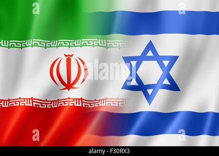 Iran und Israel Flagge gemischt, dreidimensional zu rendern, Abbildung Stockfoto