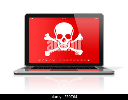 3D Laptop mit einem Piraten-Symbol auf dem Bildschirm. Hacking-Konzept Stockfoto