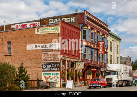 Bunte Fassaden und historischer Architektur in Greenwood oder "Kanadas kleinste Stadt", British Columbia, Kanada, Nordamerika. Stockfoto