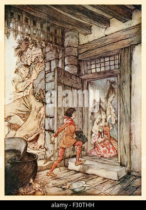 "Nehmen die Schlüssel des Schlosses, entriegelt Jack alle Türen" von "Jack the Giant Killer" im "Englischen Märchen", Illustration von Arthur Rackham (1867-1939). Siehe Beschreibung für mehr Informationen. Stockfoto