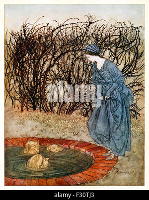 "sie bedankte und verabschiedete, und sie ging auf ihre Reise." aus "Die drei Köpfe des Brunnens" im "Englischen Märchen", Illustration von Arthur Rackham (1867-1939). Siehe Beschreibung für mehr Informationen. Stockfoto