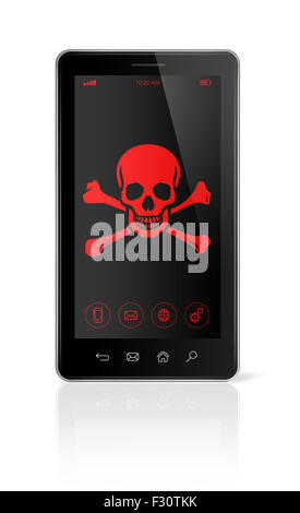 3D Smartphone mit einem Piraten-Symbol auf dem Bildschirm. Hacking-Konzept Stockfoto