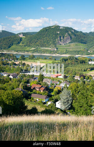 Rheintal, Ansicht der Region Siebengebirge mit Drachenfels Castle, in der Nähe von Bonn Stockfoto