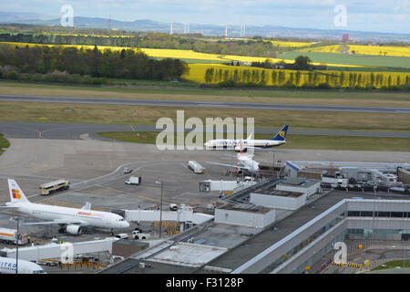 Eine Ryanair B737, Iberia Express A320 und ein Virgin Atlantic A320 auf dem Vorfeld des Flughafens Edinburgh im Sommer 2015. Stockfoto