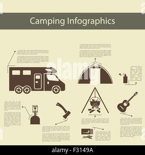 Infografiken mit Anhänger, Zelt, Gaslampe Camping, Axt, übereinstimmen, Brand, Gitarre und Anti-Moskito-Spray. Elegante flache Design-Stil. Vektor-Illustration. Stock Vektor