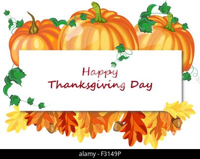 Thanksgiving Day Grußkarte weißen Blatt für Textfreiraum. Design bestehen aus Kürbissen, Eichenlaub und Eicheln auf weißem Hintergrund.  Sehr niedlich und warmen Farben. Vektor-Illustration. Stock Vektor