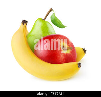 Frische Banane, Apfel und Birne, isoliert auf weiss Stockfoto