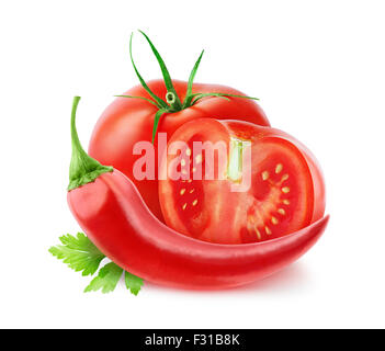 Frische Tomaten und Chili-Pfeffer (Ketchup Zutaten) isoliert auf weiss Stockfoto