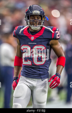 Houston, TX, USA. 27. Sep, 2015. Houston Texans kostenlose Sicherheits-Rahim Moore (26) vor Spielbeginn ab während die NFL Football-Spiel zwischen den Tampa Bay Buccaneers und die Houston Texans NRG-Stadion in Houston, TX aufheizt. Rudy Hardy/CSM/Alamy Live-Nachrichten Stockfoto