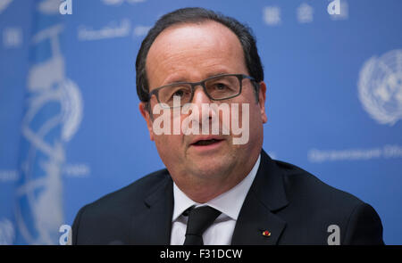 New York City, USA. 27. Sep, 2015. François Hollande von Frankreich während einer Pressekonferenz über den Klimawandel im UN-Hauptquartier in New York. Bildnachweis: Luiz Rampelotto/Pacific Press/Alamy Live-Nachrichten Stockfoto