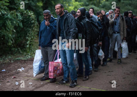 Bapska, Kroatien. 23. Sep, 2015. Flüchtlinge standen Schlange, um die Grenze zu überqueren, in Kroatien zu erhalten. In Europa kommen immer mehr Flüchtlinge, die Asyl suchen. © Ivan Romano/Pacific Press/Alamy Live-Nachrichten Stockfoto