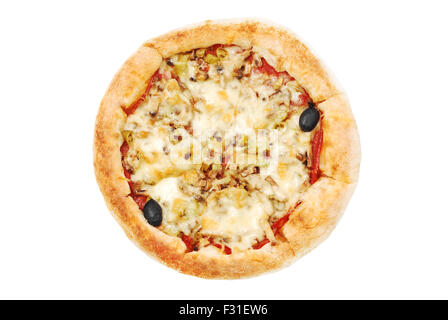 frische Pizza isoliert auf weißem Hintergrund Stockfoto
