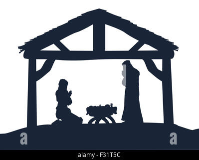 Traditionelle christliche Weihnachtskrippe Baby Jesus in der Krippe mit Maria und Josef in der silhouette Stockfoto