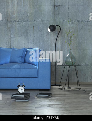 modernes Interieur mit Sofa Hintergrund, 3D blau Stockfoto