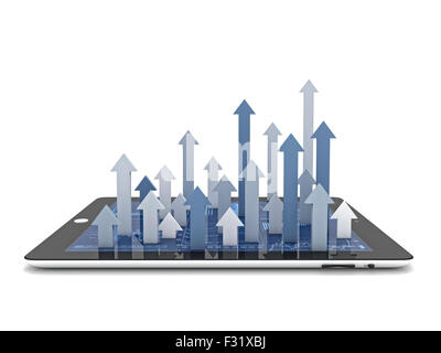 moderne Tablet 3d und wachsende Pfeile auf weißem Stockfoto