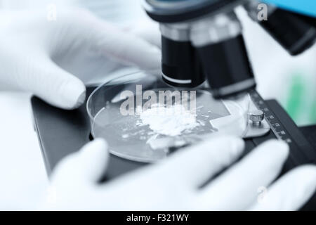 Nahaufnahme von Hand mit Mikroskop und Puder Probe Stockfoto