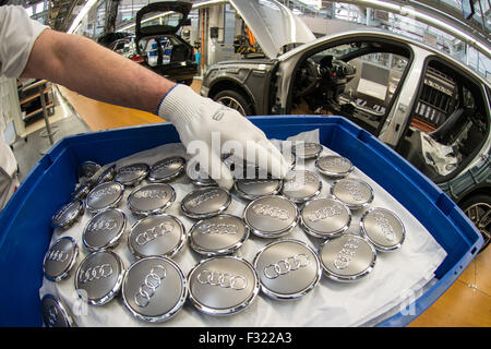 Ingolstadt, Deutschland. 28. Februar 2014. Ein Mitarbeiter hält Audi Emblem vor ein Audi A3 im Audi-Werk in Ingolstadt, Deutschland, 28. Februar 2014. Foto: Armin Weigel/Dpa/Alamy Live-Nachrichten Stockfoto