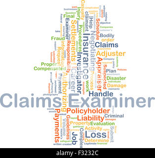 Hintergrund-Konzept Wordcloud Illustration Ansprüche Examiner Stockfoto