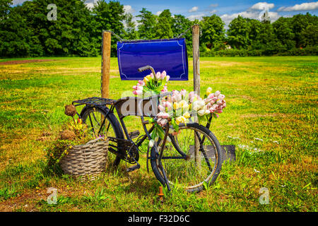 Bild von einem Oldtimer Fahrrad mit Blumen und einem Blechschild. Stockfoto