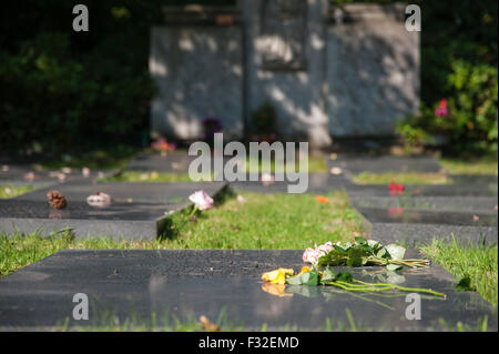 Grabsteine mit Namen der Toten, anonymen Grab Wiese in der Friedhof von Düsseldorf-Heerdt, NRW, Deutschland Stockfoto