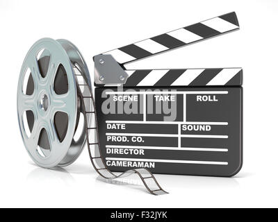 Film Reel und Film Klappe. Video-Icon. 3D-Render Abbildung isoliert auf weißem Hintergrund Stockfoto