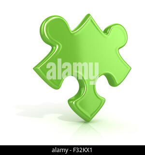 Single, grün, stehend Jigsaw Puzzle-Stück. 3D render Symbol isoliert auf weißem Hintergrund. Ungewöhnliche Winkel Stockfoto