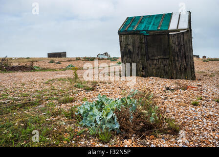 Verlassene Hütte links zu verrotten und zerfallen am Strand von Dungeness, Kent. Ein grauer, Stimmungsvoller Himmel verleiht die traurige Szene Stockfoto