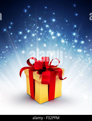 Goldenen Geschenkbox mit rotem Band auf einem glänzenden blauen Hintergrund mit Starlight explosion Stockfoto