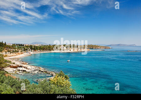 Der Strand von Agia Marina auf der Insel Spetses, Griechenland Stockfoto