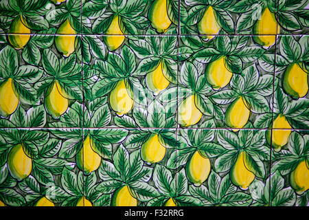 Zitronen auf keramischen Fliesen bemalt. Portugal. Stockfoto