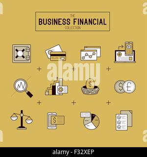 Business Financial Icon Set. Eine Sammlung von gold finanzielle Symbole darunter Marktinstrumente, Balkendiagramme und Wechselstube. Stock Vektor