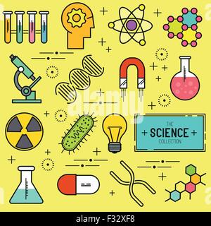 Wissenschaft-Vektor-Icon-Set. Eine Auflistung der Wissenschaft unter dem Motto Linie Symbole wie ein Atom, Chemie-Symbole und Ausrüstung.