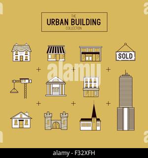 Urban Bau gold Vektor Icon Set. Eine Ansammlung von Gebäuden, darunter eine Kirche, Haus, Wolkenkratzer und Shop-Geschäfte. Stock Vektor